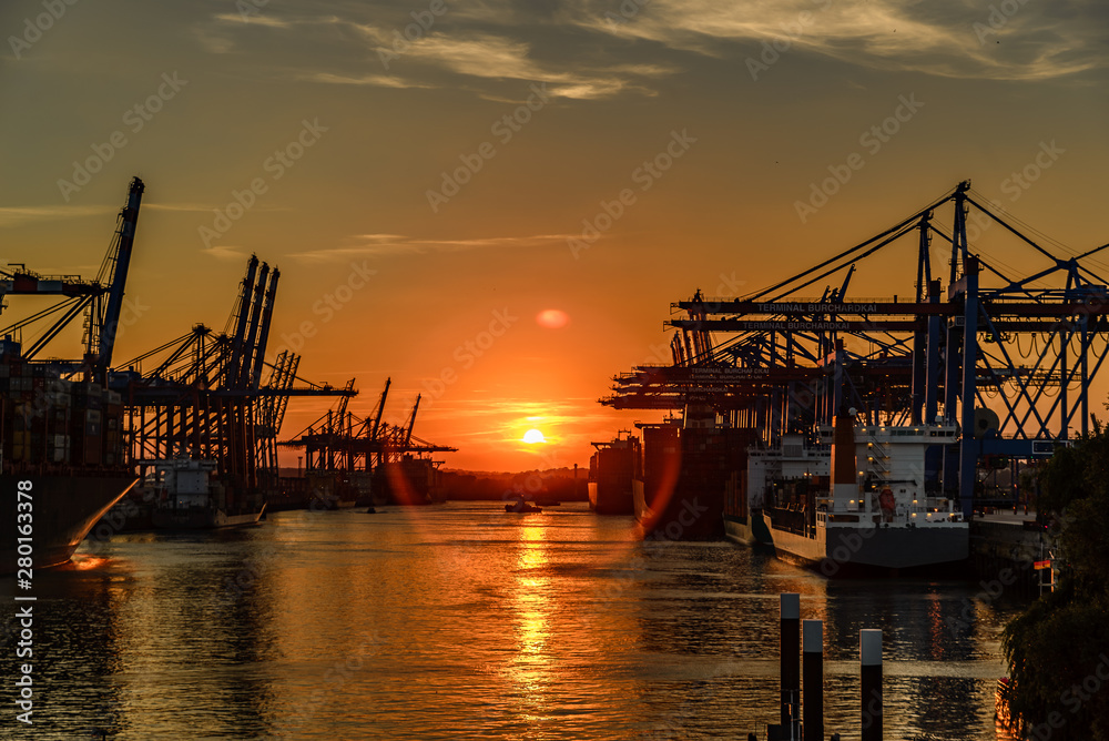 Port of Hamburg Waltershof at sunset