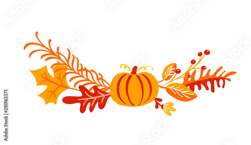 Vector autumn bouquet elements. maple orange leaves, berries and pumpkin isolated on white background. Perfect for seasonal holidays, Thanksgiving Day
