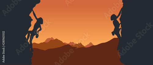 Black silhouettes of climbers on a cliff with mountains as a background. Vector illustration
