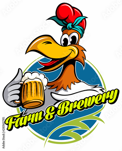 Cartoon style chicken with the beer mug, vector image.