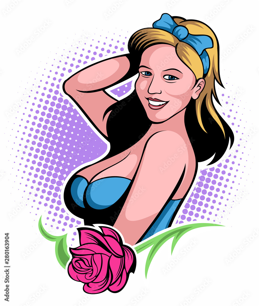 Comic book style, pop art style smiling woman with ornament and red rose, vector image.