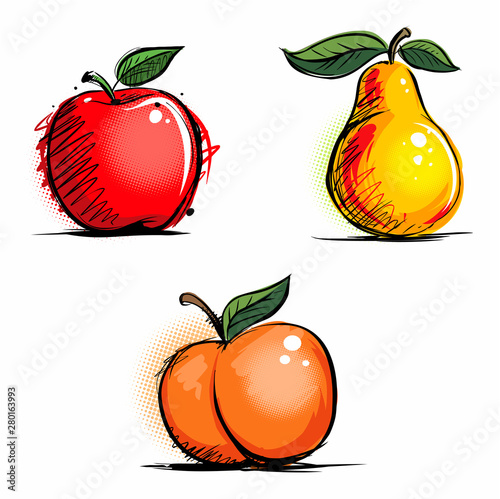 Apple, pear and peach fruits, vector fruits set,  isolated on white background.