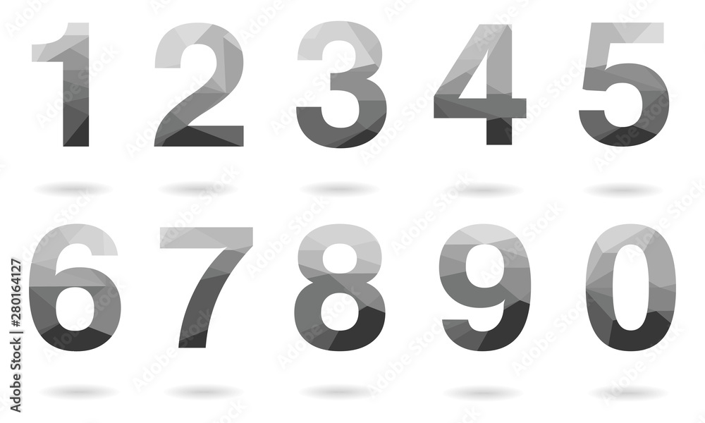Set of grey vector polygon numbers font with shadow. Low poly illustration of flat design. Set of grey vector polygon numbers font with shadow. Low poly illustration of flat design.
