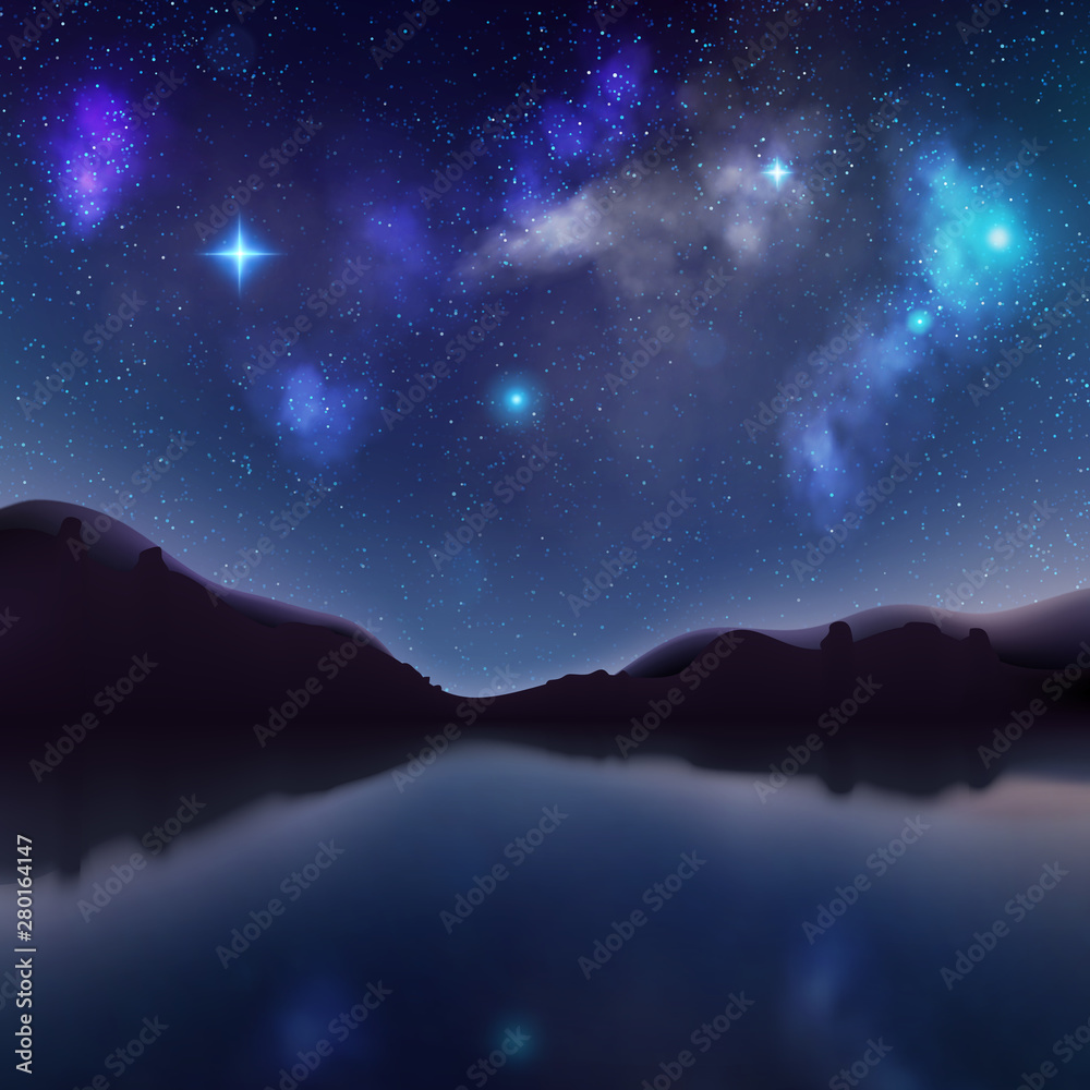 Night landscape with dark silhouettes of mountains and sky with stars. Mystical sunrise background with lake. EPS 10