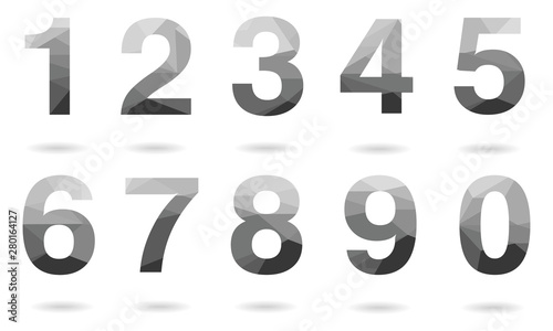 Set of grey vector polygon numbers font with shadow. Low poly illustration of flat design.