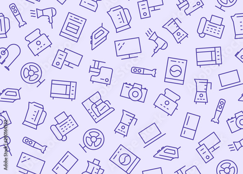 Household Appliances, Electronics Store Seamless Pattern with Line Icon. Vector Illustration Flat style. Included Icons as Stove, Iron, Vacuum Cleaner, Washer, Computer. Purple Color Background