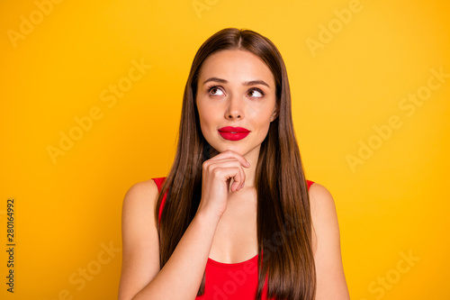 Close-up portrait of her she nice-looking attractive glamorous lovely winsome charming cute sweet straight-haired lady thinking isolated over bright vivid shine yellow background