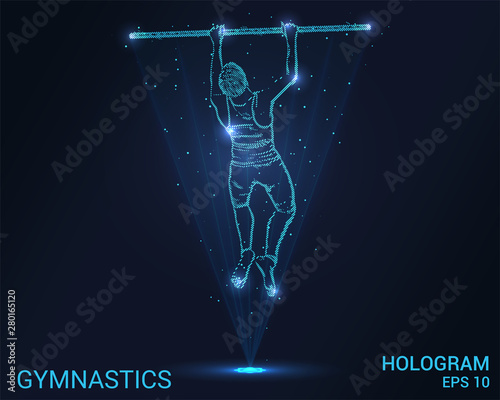 Hologram gymnastics. Gymnast on the bar. Flickering energy flux of particles. The scientific design of the sport.