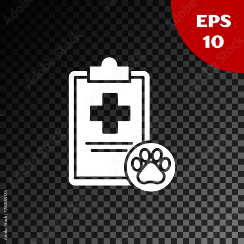 White Clipboard with medical clinical record pet icon isolated on transparent dark background. Health insurance form. Medical check marks report. Vector Illustration