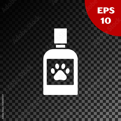 White Dog medicine bottle icon isolated on transparent dark background. Container with pills. Prescription medicine for animal. Vector Illustration