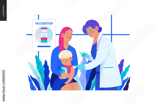 Medical insurance -childhood immunization, vaccination -modern flat vector concept digital illustration - pediatrician vaccinating a toddler sitting on his mothers knees, medical office or laboratory