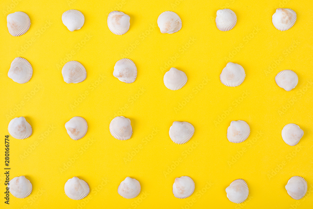 Pattern a seashell flat lay on yellow color background Pattern a seashell flat lay on yellow color background