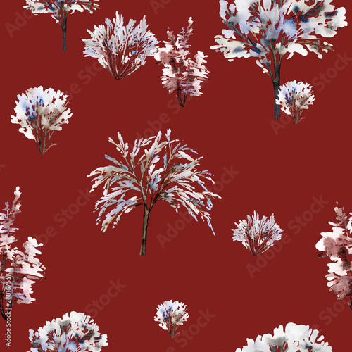 Seamless Christmas pattern with winter watercolor trees