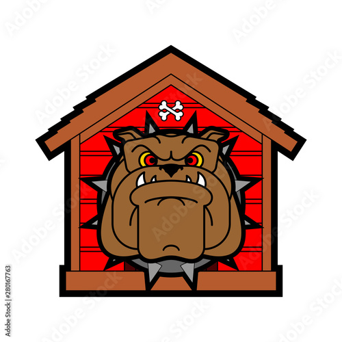 Guard dog in doghouse. Angry dog in kennel