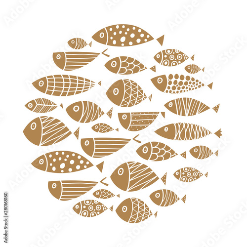 Cute fish card. Around motif with fish. Black illustration. photo