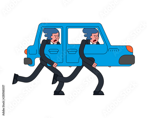 Business team. Car is walking leg. auto with legs