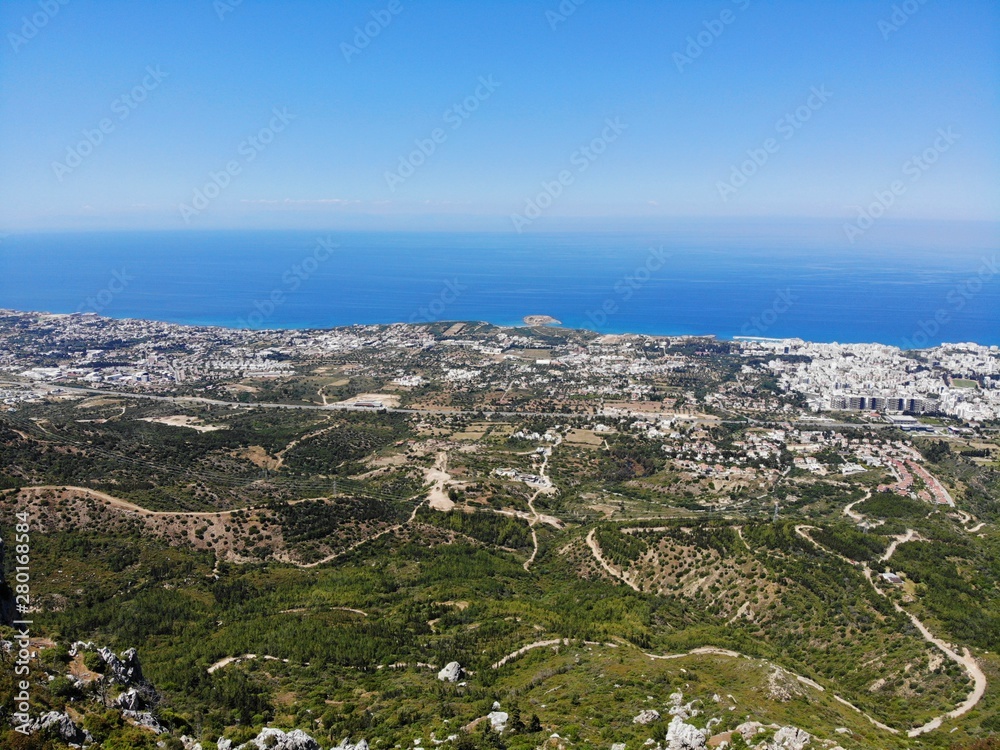 The Turkish part of North Cyprus. Great view from above, Mountain and castles around. Created by Drone.