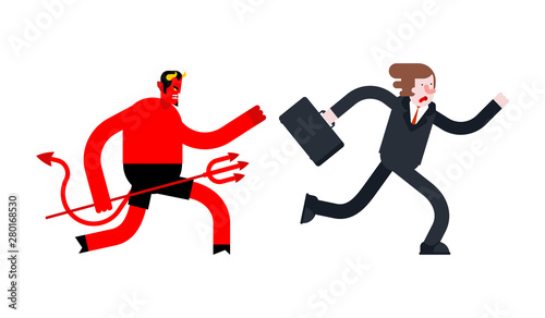 Businessman runs away from Devil. Satan is running after boss