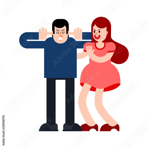 Woman screaming at man. Man covered his ears and closed his eyes. Guy does not talk. offended
