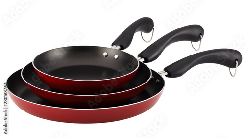 Set of non-stick pans on a white background