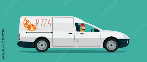 Pizza delivery car. Vector flat illustration.