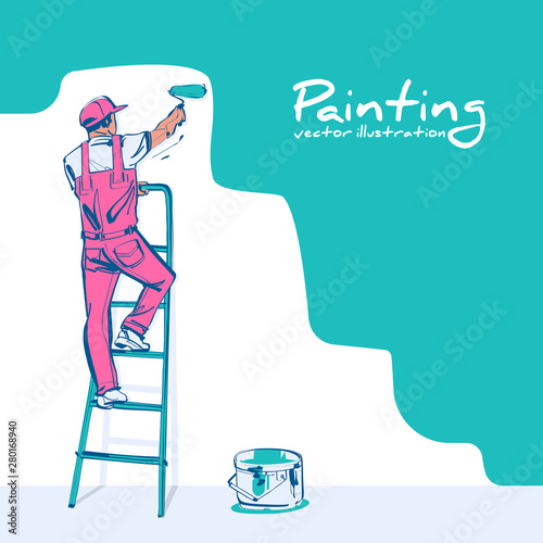 Painter standing on staircase paints wall. Man is hold paint roller in hand. Vector sketch style. Cartoon design. Construction work. Landing page customer service. Worker in uniform.