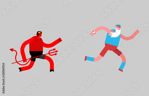 grandfather runs away from Devil. Satan is running after granddad