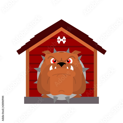 Guard dog in doghouse. Angry dog in kennel