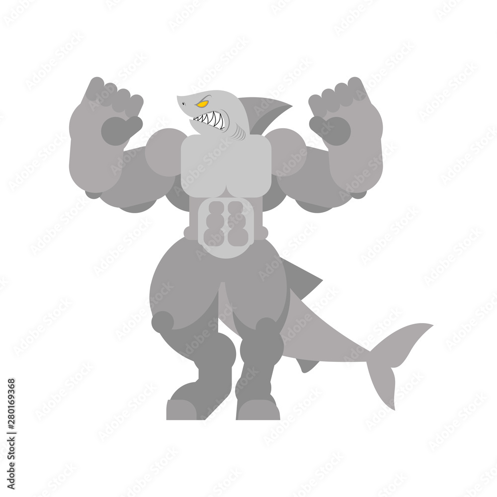 Strong Shark. Powerful Large predatory sea fish. Water predator bodybuilder