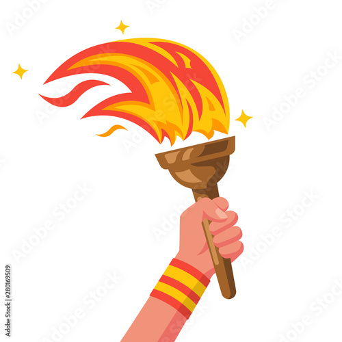 Hand with flaming torch. Sports concept victory. Winner holding olympic wooden torch in hand. Vector illustration flat design. Isolated on white background. Symbol of big games.