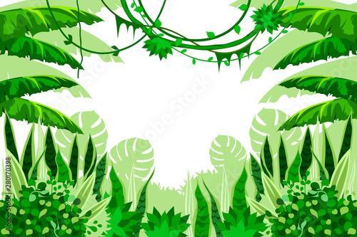 Tropical forest with leaves, grass and vines. Jungle background. vector cartoon illustration. Frame for banner, poster, page, cover.