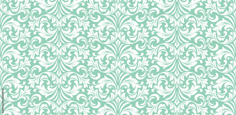 Floral pattern. Vintage wallpaper in the Baroque style. Seamless vector background. White and green ornament for fabric, wallpaper, packaging. Ornate Damask flower ornament