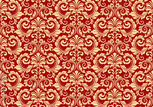 Wallpaper in the style of Baroque. Seamless vector background. Red and gold floral ornament. Graphic pattern for fabric, wallpaper, packaging. Ornate Damask flower ornament