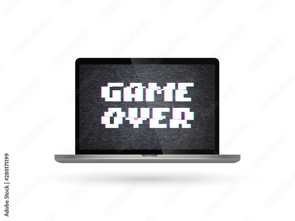 Isolated vector laptop with game over text on the screen. Glitch effect Isolated vector laptop with game over text on the screen. Glitch effect