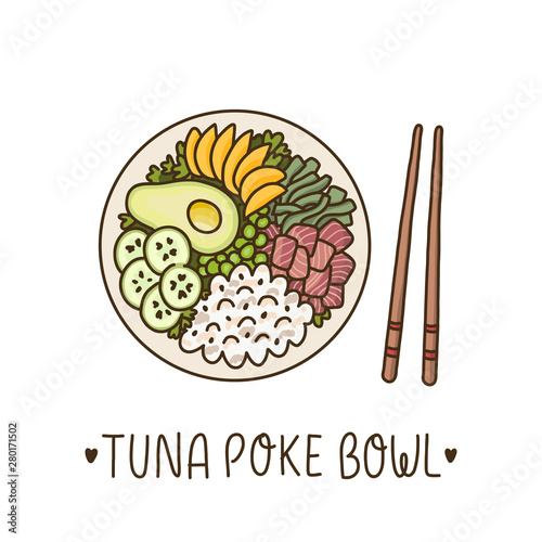 Tuna poke bowl - Hawaiian dish, rice with ahi tuna, avocado, mango, cucumber and seaweed. It can be used for menu, banner, poster and other marketing materials. Vector Image.