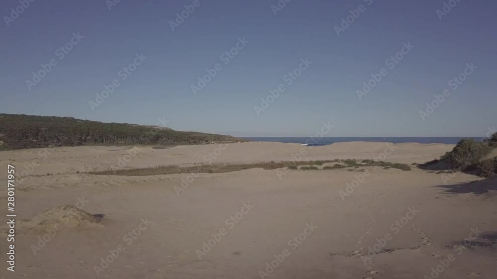 Aerial view of sand dunes on an Australian beach in sunshine Aerial view of sand dunes on an Australian beach in sunshine