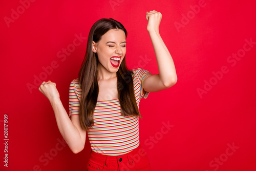 Pretty yelling lady celebrating best win wear casual outfit isolated burgundy background