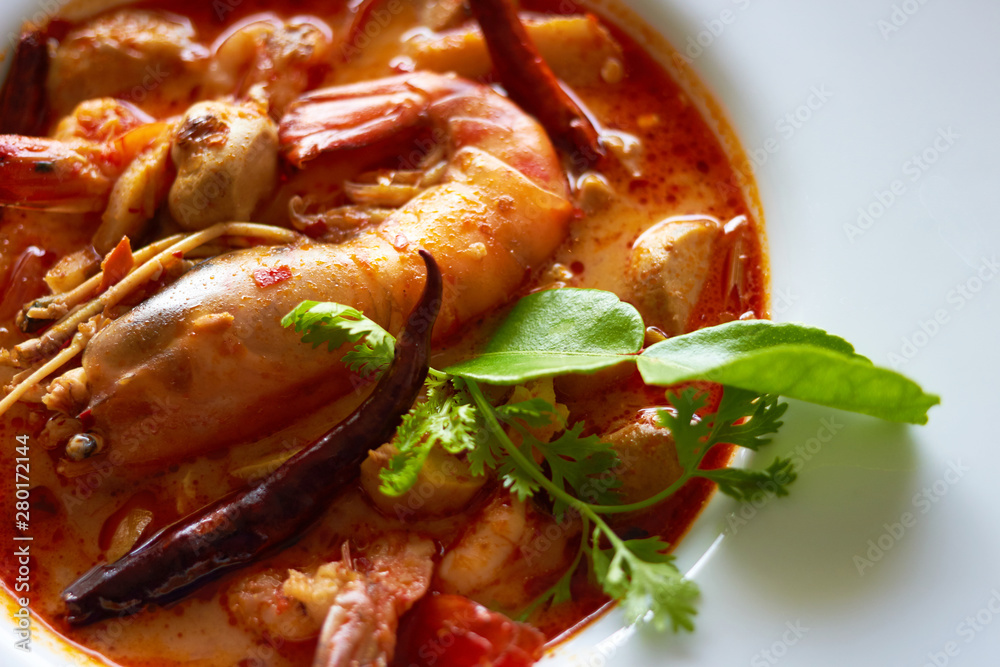River prawn spicy soup or tom yum goong,a famous Thai food River prawn spicy soup or tom yum goong,a famous Thai food