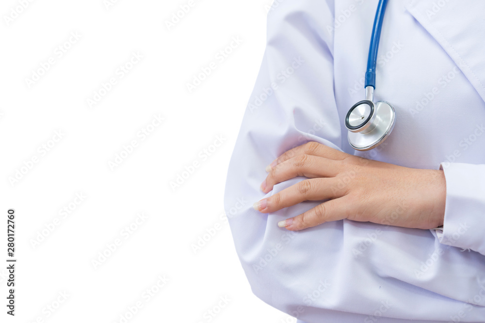 Doctor medical woman with stethoscope isolated on white background or banner with blank space use for template design Doctor medical woman with stethoscope isolated on white background or banner with blank space use for template design