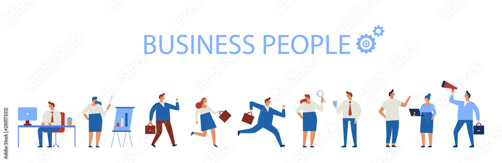 Business People horizontal banner. Business team. Teamwork, brainstorming. Success. Men and women. Flat vector characters isolated on white.	