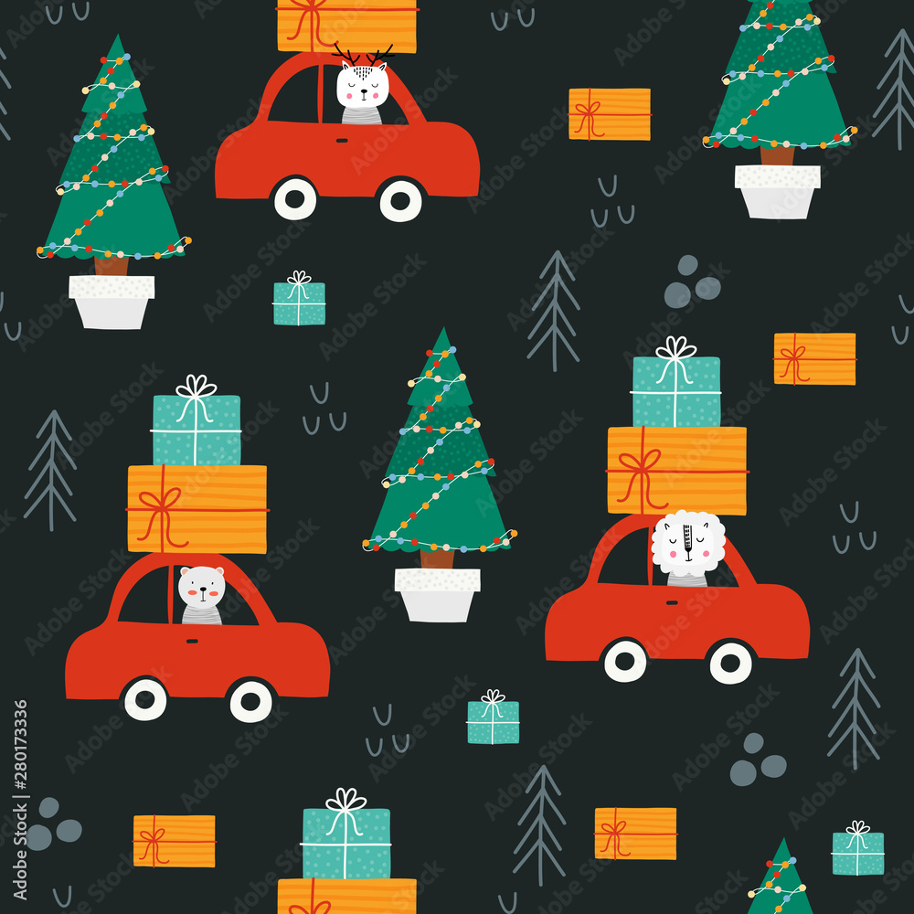  Pattern cute  lion, owl, and cat drive car with presents, Christmas tree with garlands.  Design for fabric, wrapping, textile, wallpaper, apparel. Vector illustration.