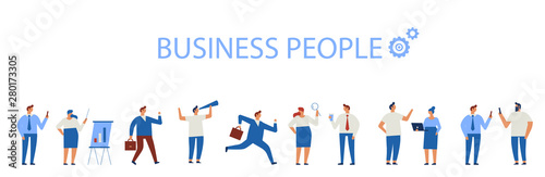Business People horizontal banner. Business team. Teamwork, brainstorming. Success. Men and women. Flat vector characters isolated on white. 