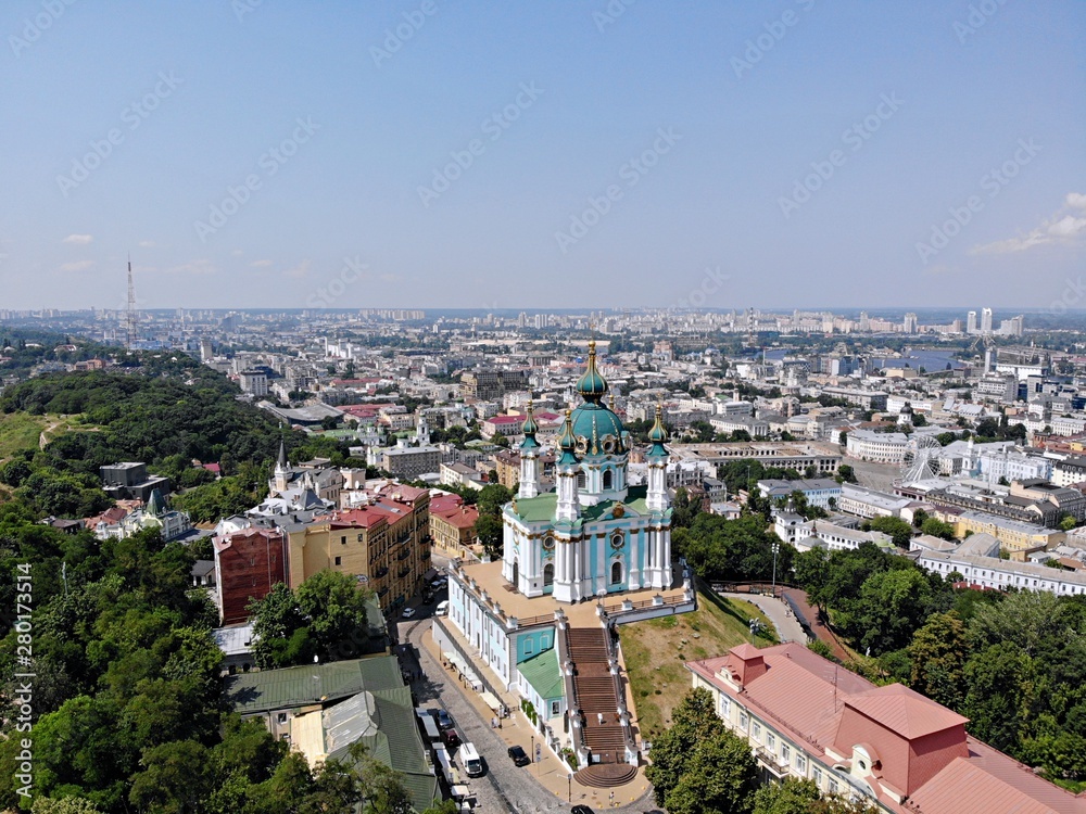 Fototapeta premium Kyiv - the capital of Ukraine. Aerial photography from drone. Amazing country with great and long history. European country. St Andrew's Church, great and beautiful
