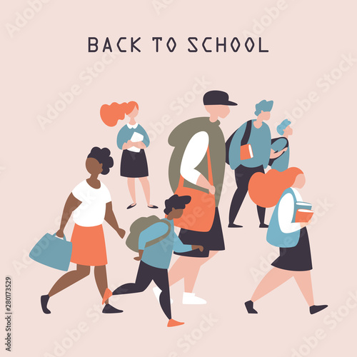 A group of students of different ages and multi-ethnic groups goes to school. Vector illustration with school education concept for posters, brochures, postcards