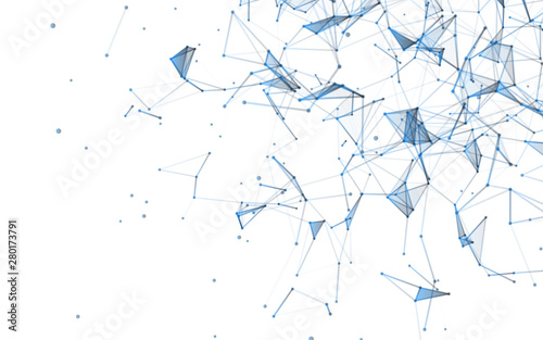 Abstract composition with connecting dots and lines and triangles. Plexus effect. White background.