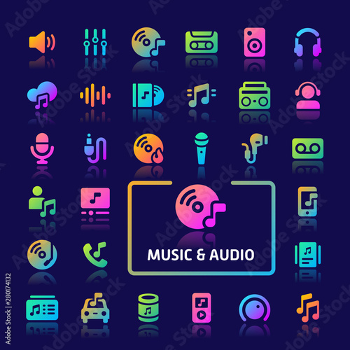 Music & Audio Gradient Vector Icon Set.