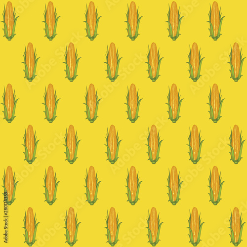 Vector seamless pattern with corn cobs with corn grains and green leaves in retro style on yellow background. Repeatable illustrations of the ripe corn on the cob.