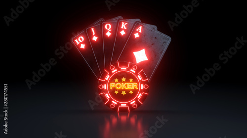 Cuadro en lienzo Royal Flush in Diamonds Poker Playing Cards With Neon Lights Isolated On The Bla