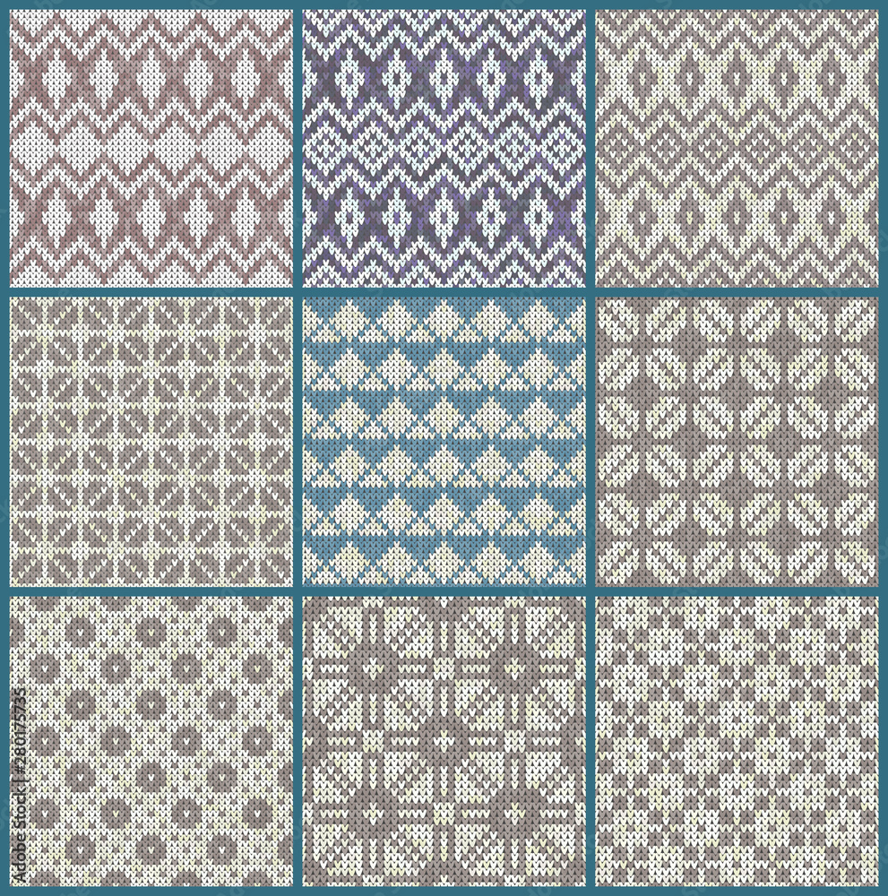 Fototapeta Knitted Patterns Set. Realistic samples backgrounds. Geometric ornaments, scandinavian sweaters cable stitch texture. Decorative design elements gift paper, packet, greeting cards. Vector illustration