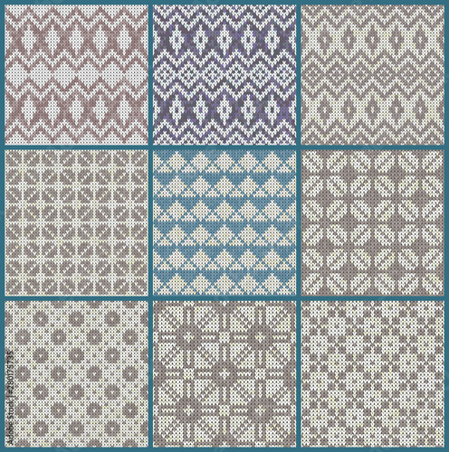 Knitted Patterns Set. Realistic samples backgrounds. Geometric ornaments, scandinavian sweaters cable stitch texture. Decorative design elements gift paper, packet, greeting cards. Vector illustration